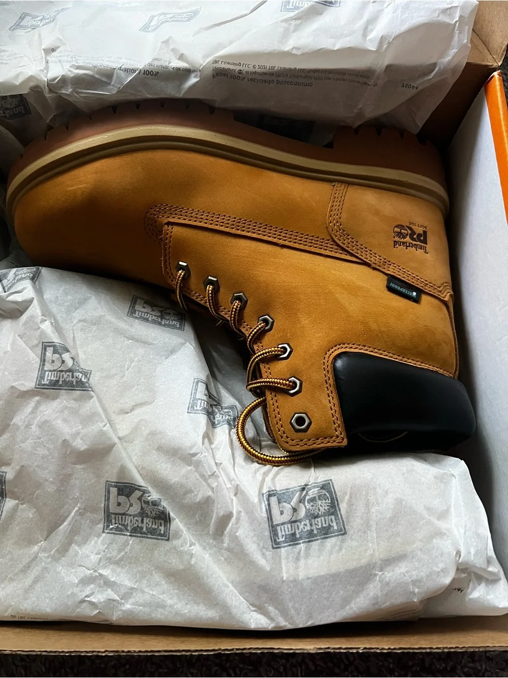 Timberland PRO Wheat/Black Work Boot Box Featuring Orange Branding